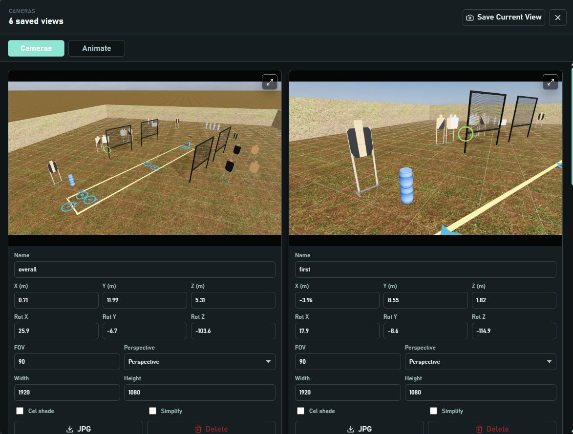 Saved camera views showing the same 3D stage from an overhead setup angle and a lower shooting-position angle