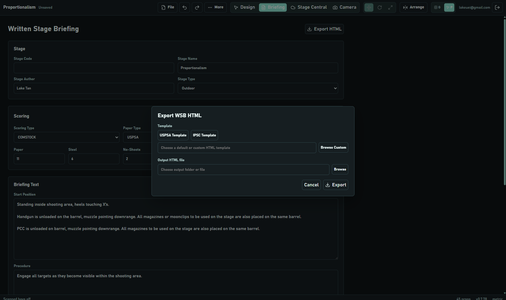 Written Stage Briefing editor with stage details and HTML export controls